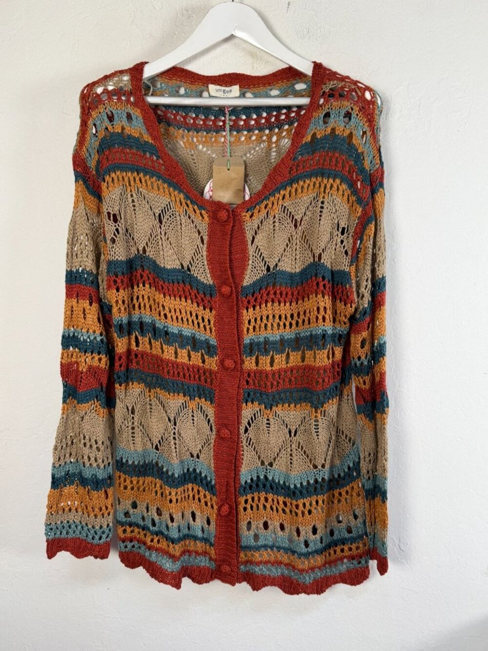 Umgee USA Women's Crochet Cardigan Large Boho Striped Open Knit Button Front New